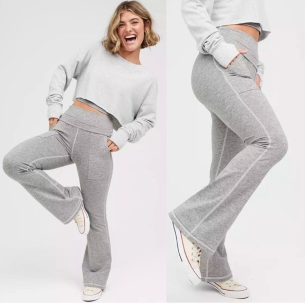 aerie Gray Flare Leggings with Wide Waistband